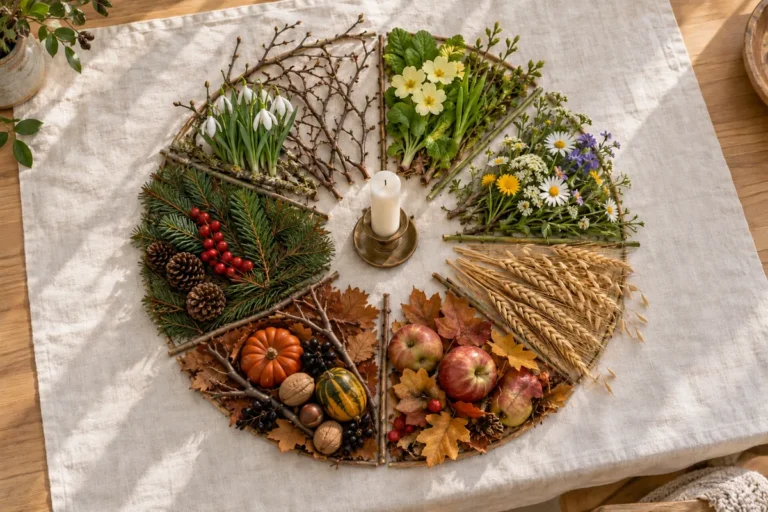 Roue de l’année composée de plantes et de fruits des saisons disposés en cercle autour d’une bougie sur un lin ivoire : perce-neige, primevères, fleurs des champs, blé, pommes, courges et sapin